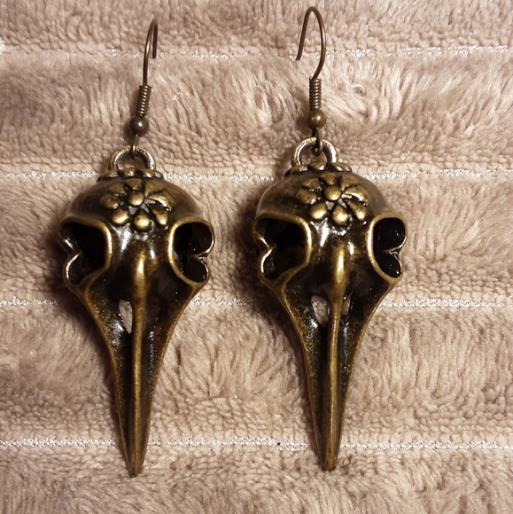 Hand Crafted Jewelry - Handcrafted Bronze Colored Bird Skull Plague Doctor Earrings Gothic